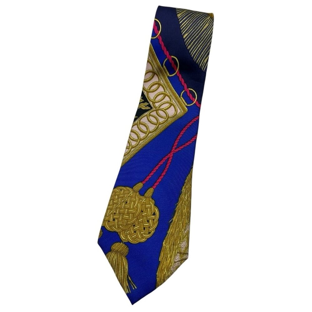 HERMÈS SCARF PRINT Men's 100% Silk Necktie LUXURY Tie Blue Gold Royal W:3.5" EUC